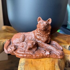 Hand Carved Pecan Wolf & Pup Figurine